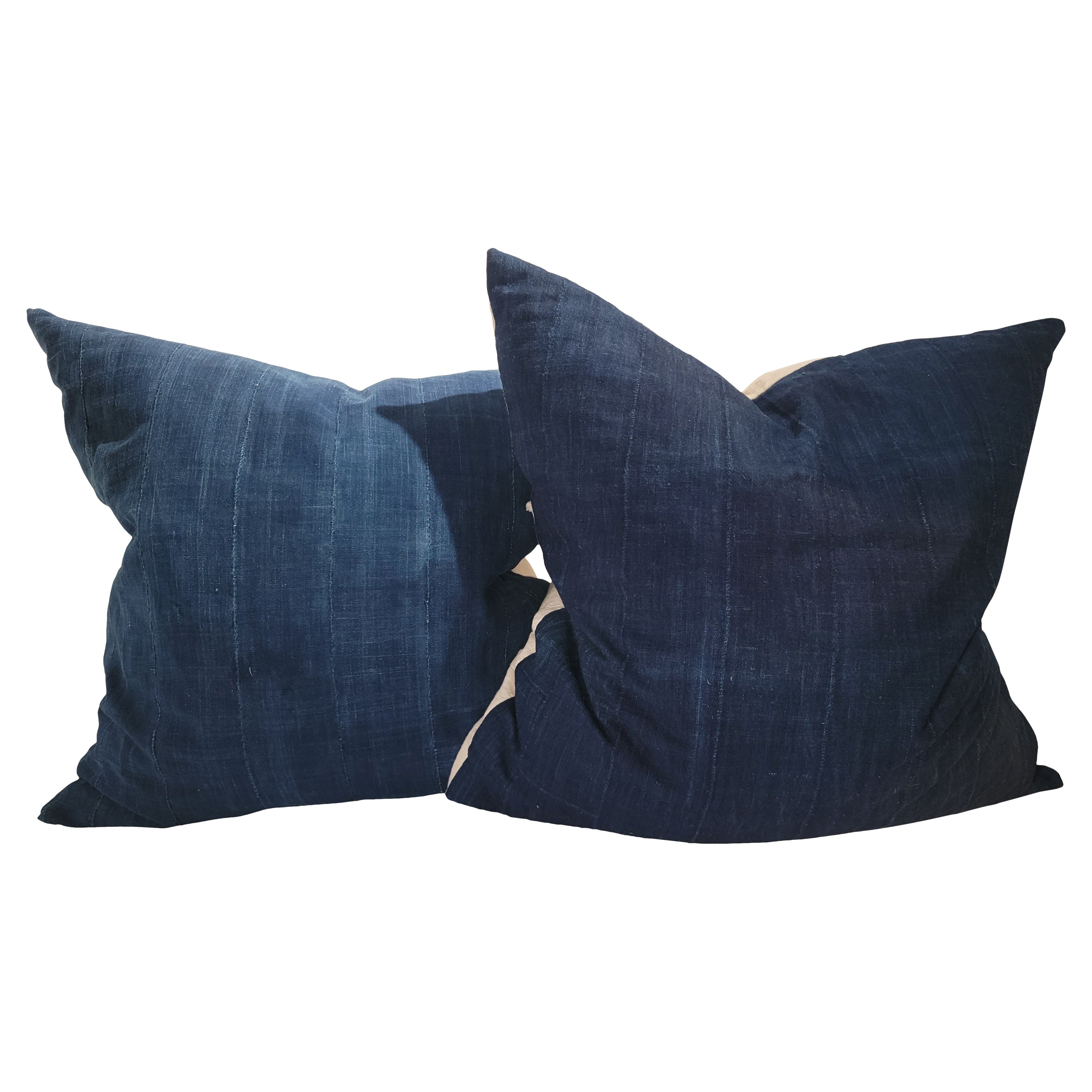 19Thc Dark Blue Cotton Linen Fabric Pillows-Pair For Sale