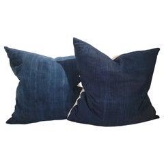 Vintage 19Thc Dark Blue Cotton Linen Fabric Pillows-Pair