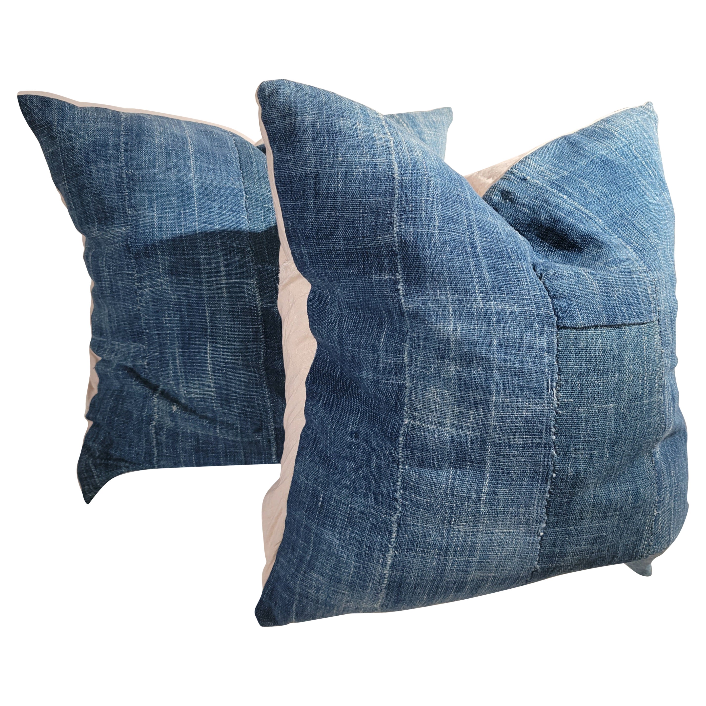 19Thc Blue Linen Homespun Pillows, Pair