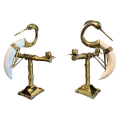 Pair of Brass Heron Candlesticks