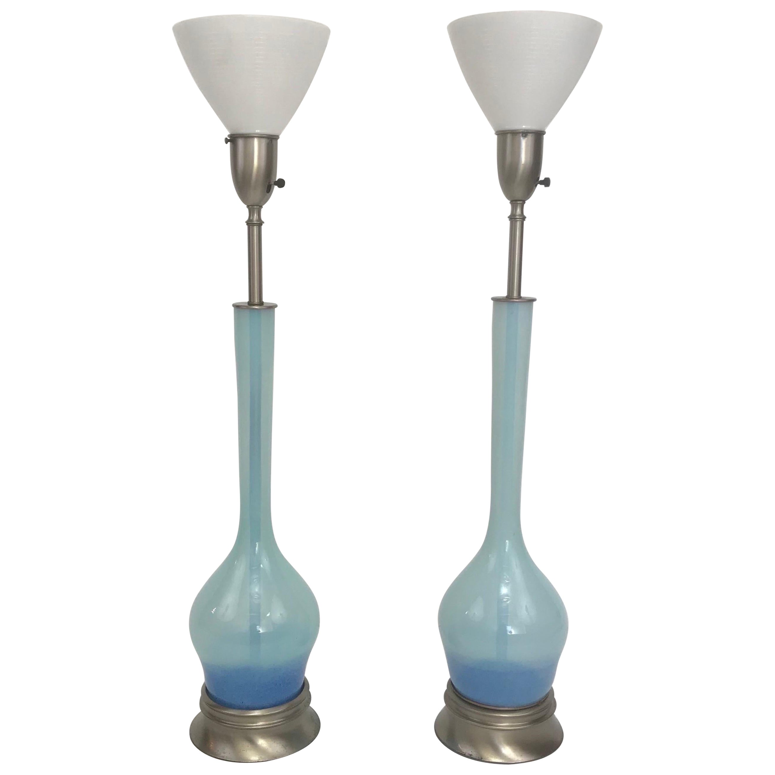 Tall Pair of 1950’s Rembrandt Hand Blown Blue Graded Glass Table Lamps For Sale