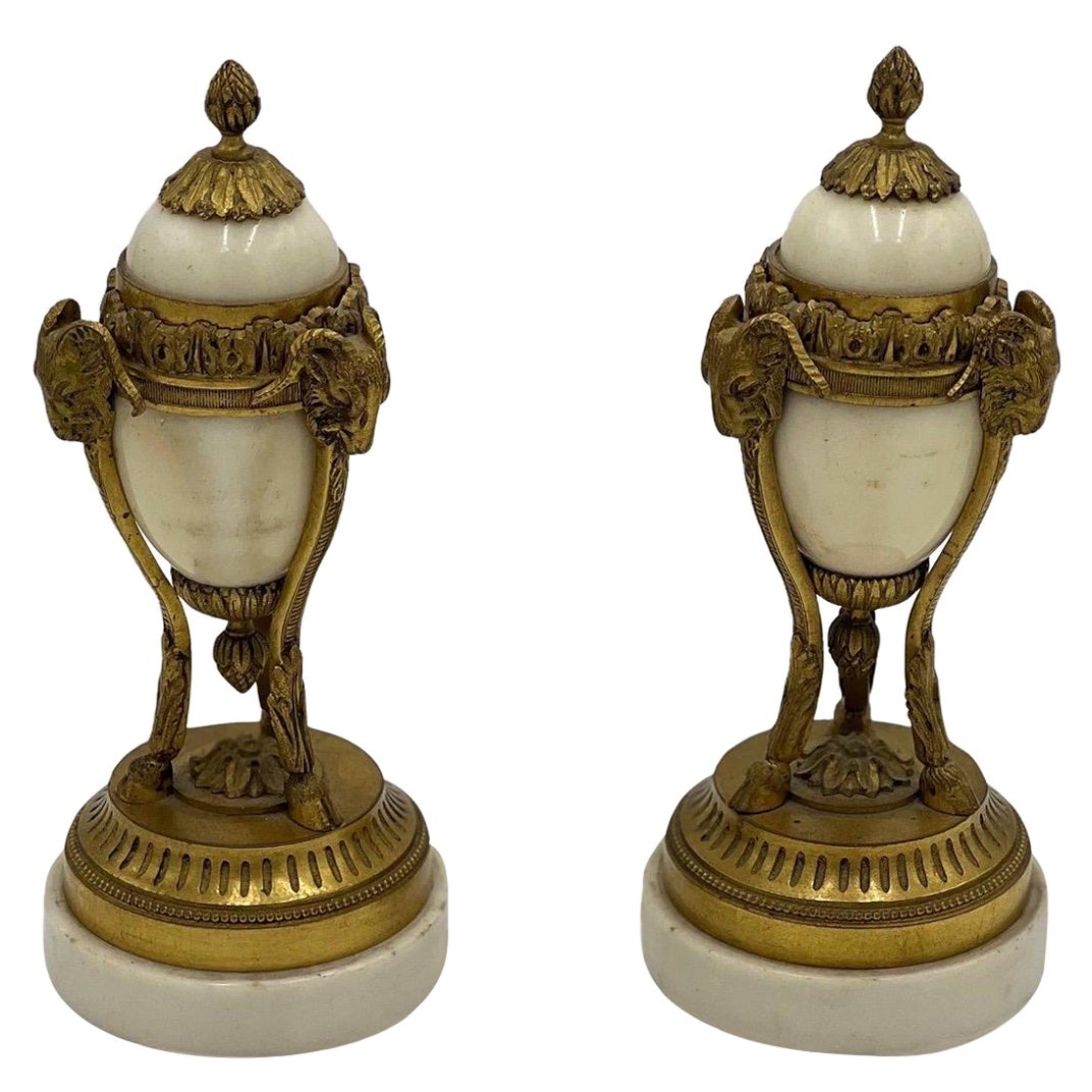 Pair, Louis Xvi Style French Gilt Bronze & White Marble Rams Head Cassolettes For Sale