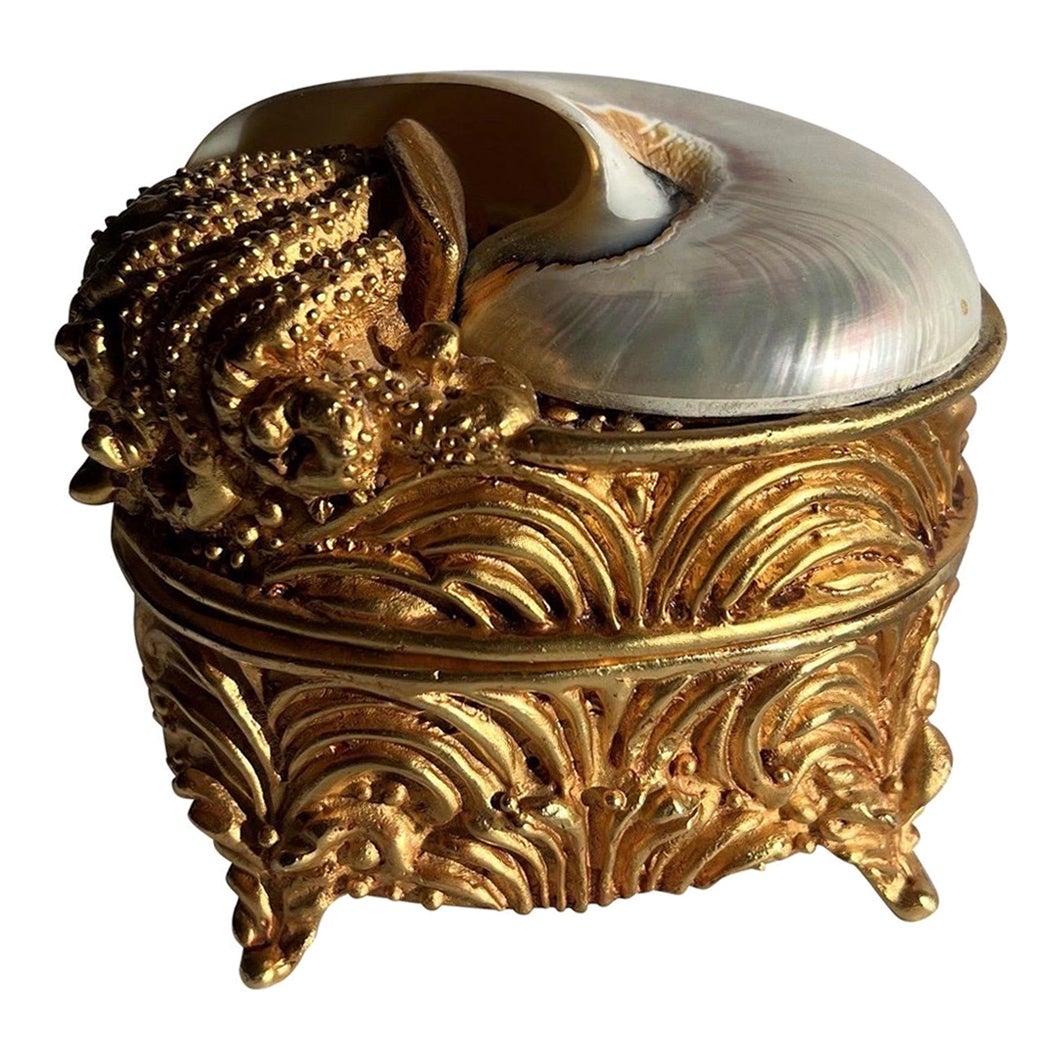 Commode/boîte à bijoux Lazaro Diaz en étain doré et coquillage de Nautilus en vente