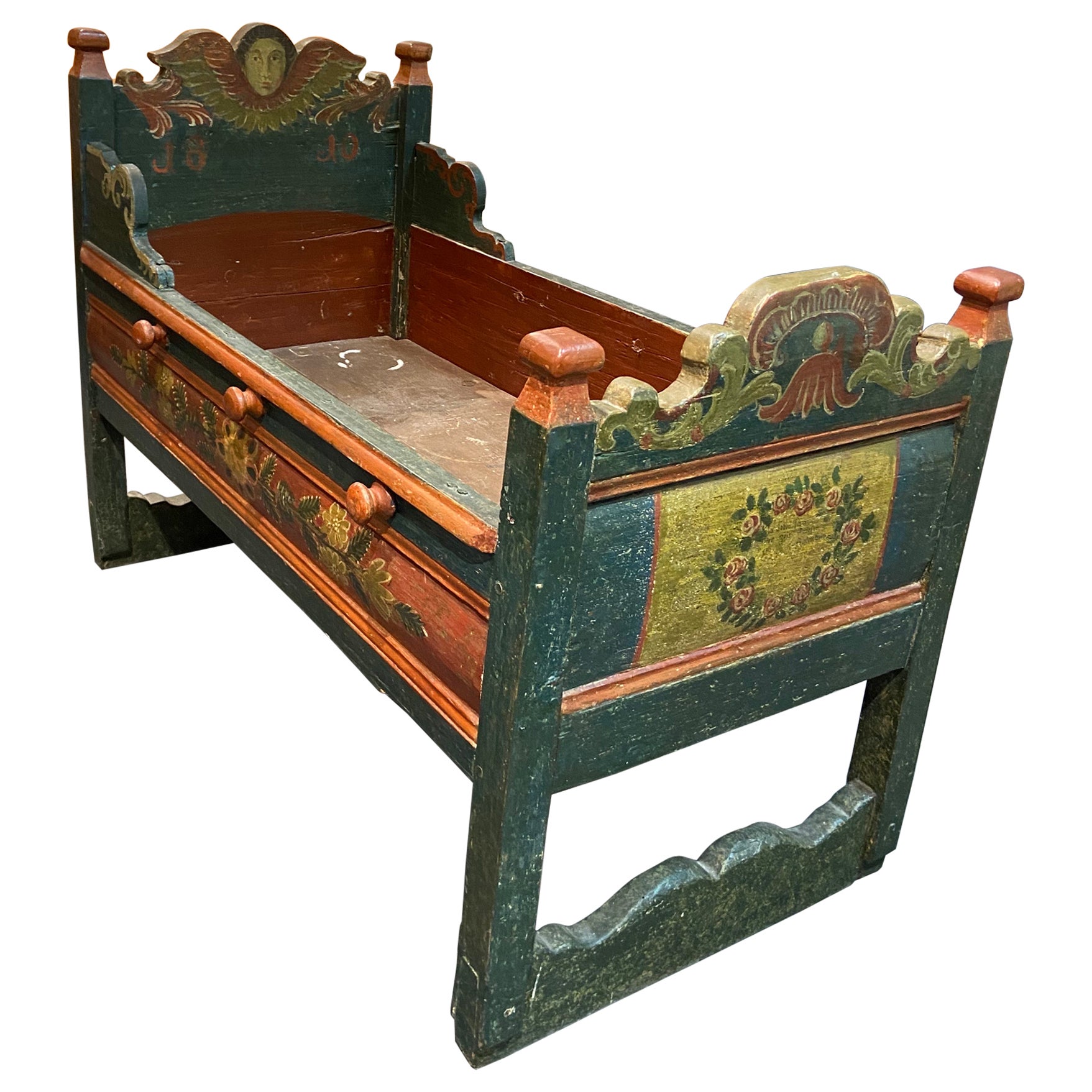 18th Century French Hand Carved Hand Painted Wooden Baby Crib or Bed Frame For Sale