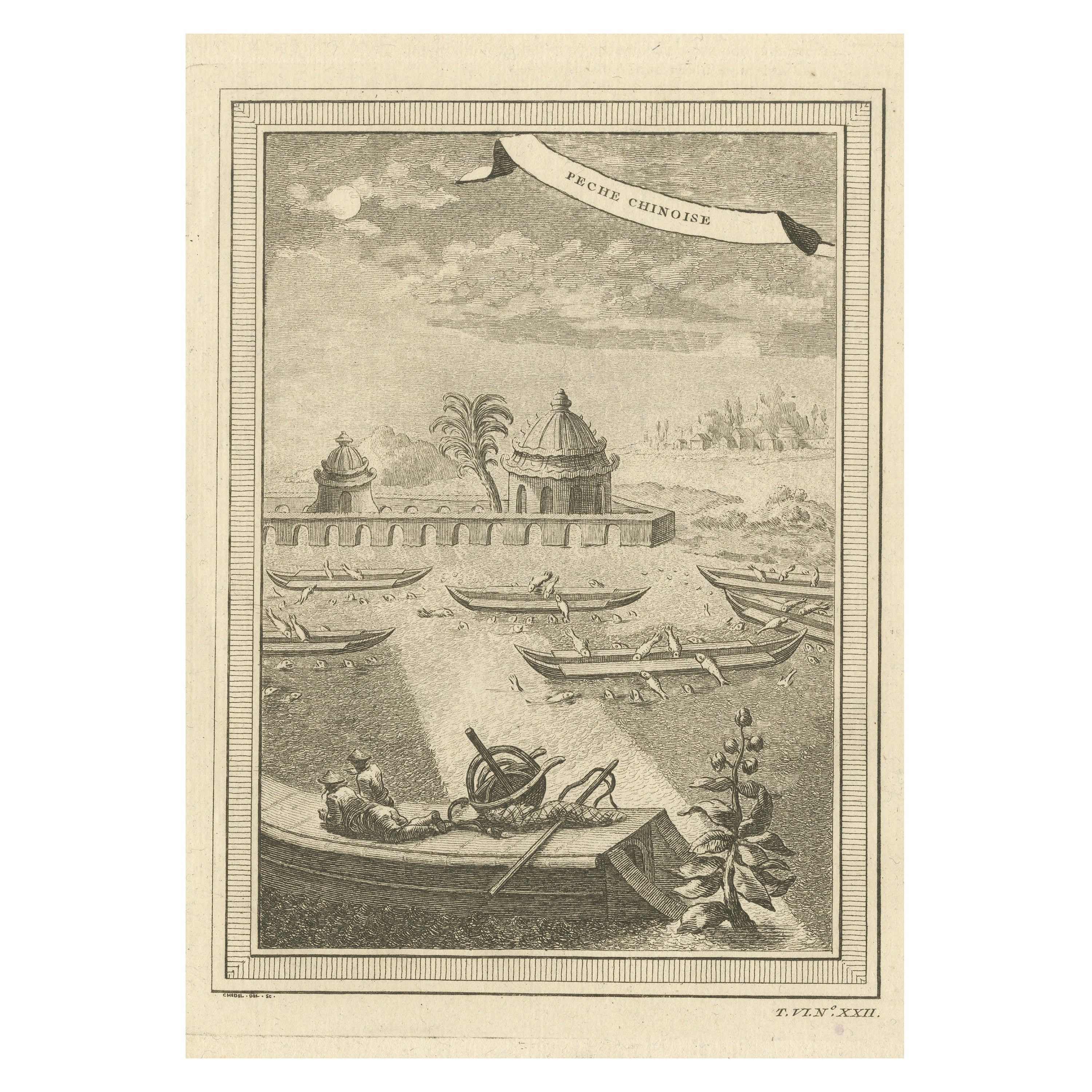 Antique Print of Chinese Fishermen and Fish For Sale