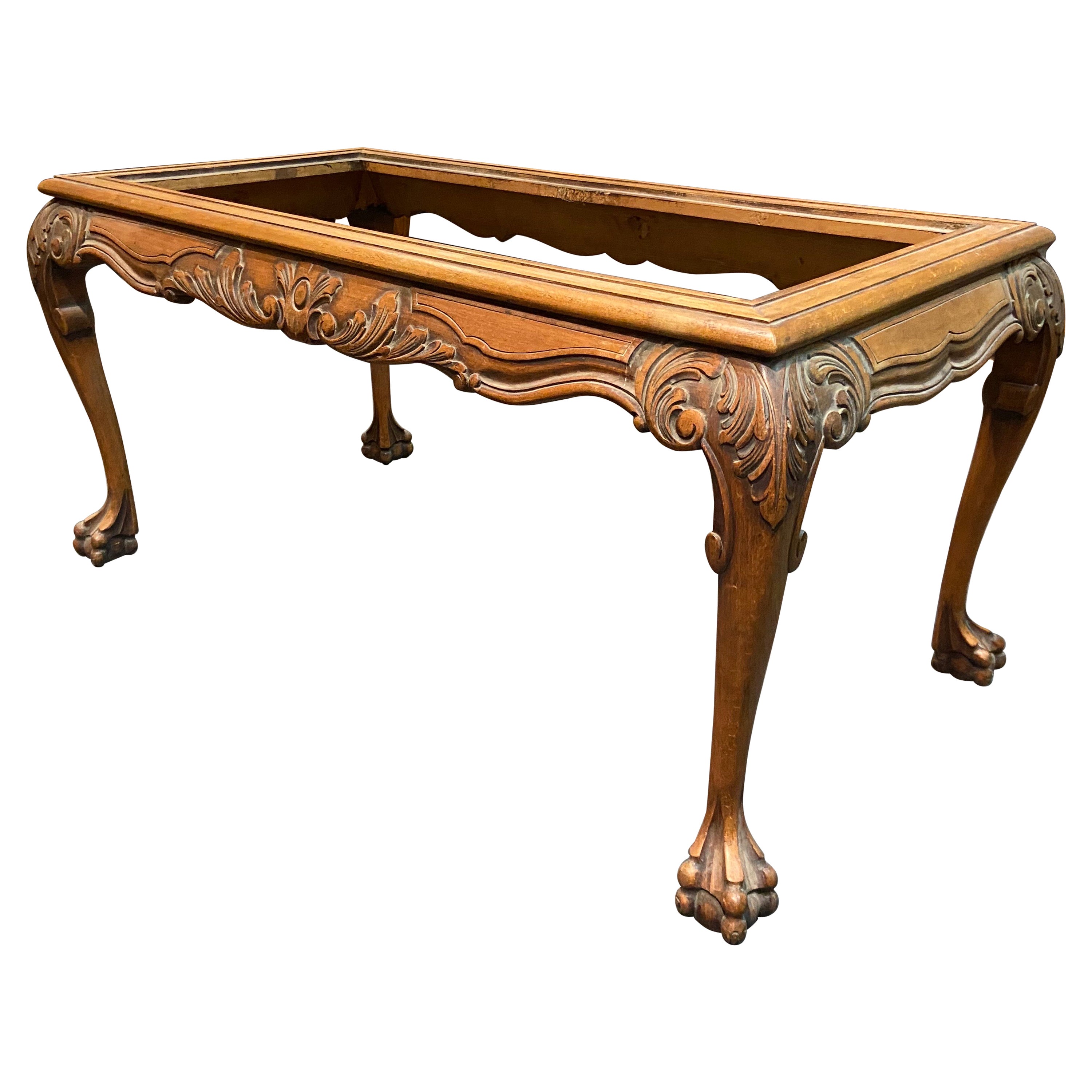 19th Century French Hand Carved Walnut Sofa Table Frame with Lion's Paws For Sale