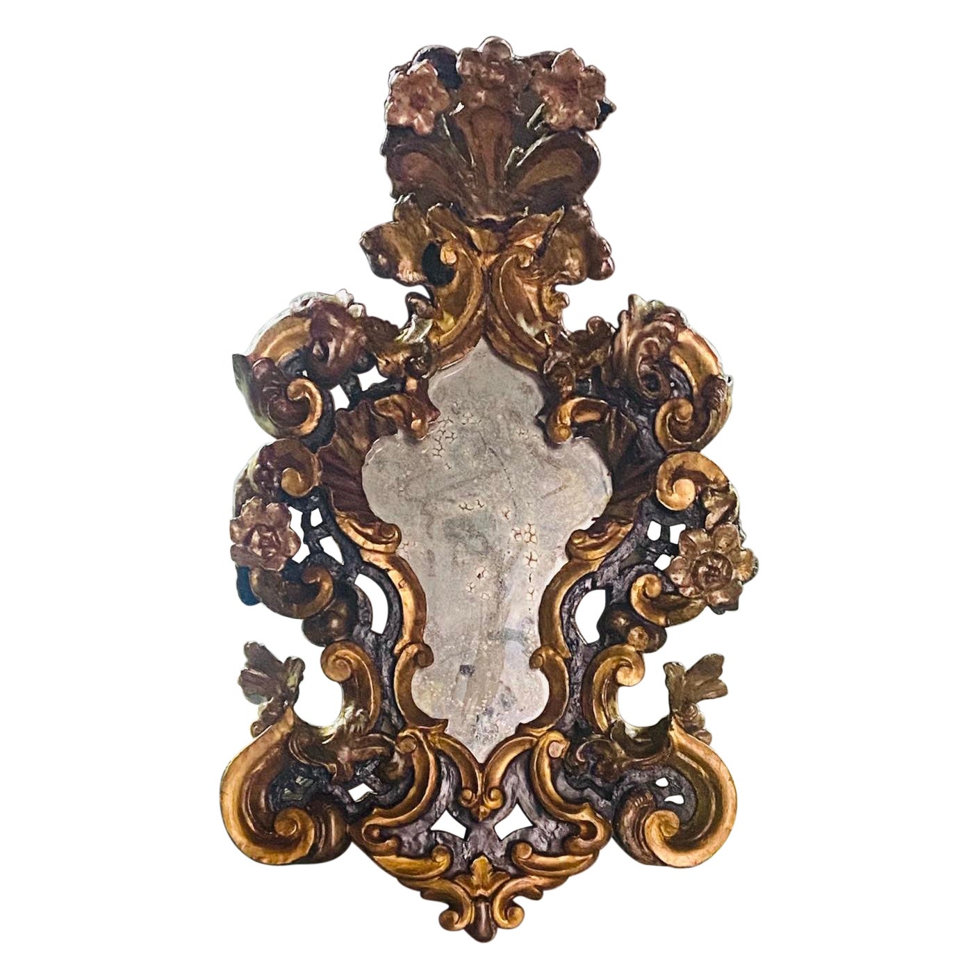 18th Century Antique Italian Hand Carved and Painted Wall Mirror For Sale