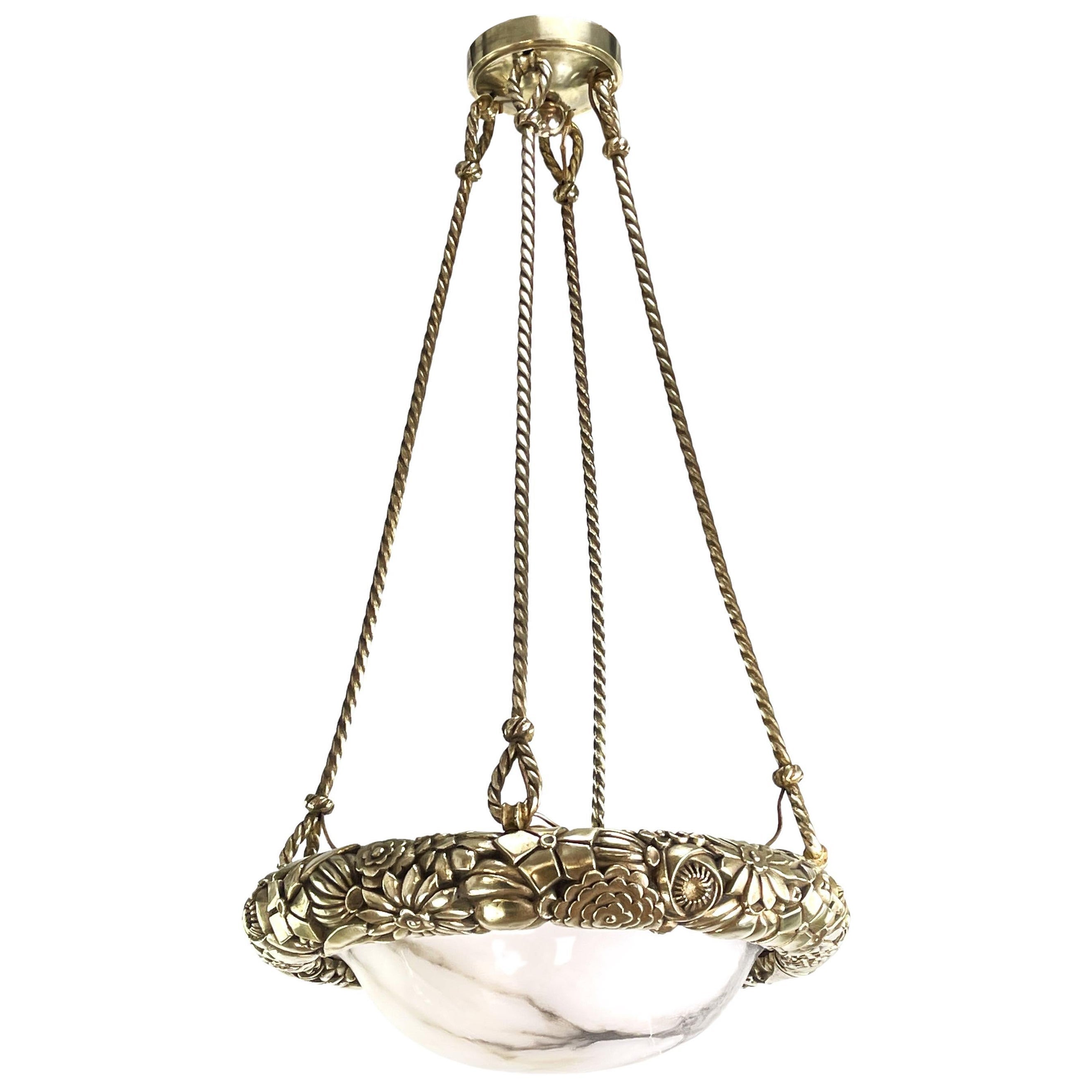 Heavy Art Deco Chandelier Hanging Lamp Bronze Lamp Alabaster Bowl, 1920s For Sale