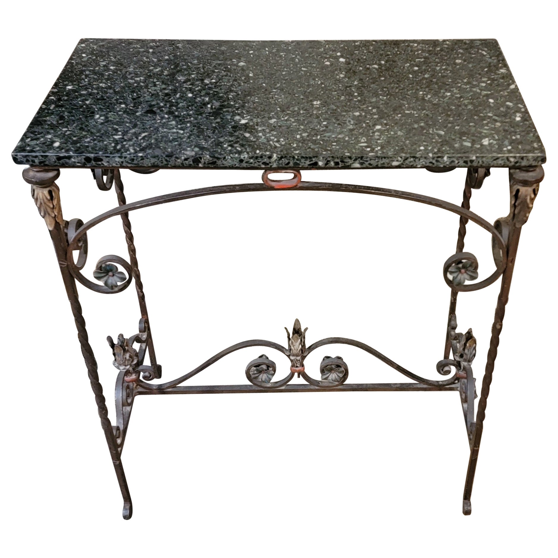 Table console en fer forgé à plateau en marbre des années 1920