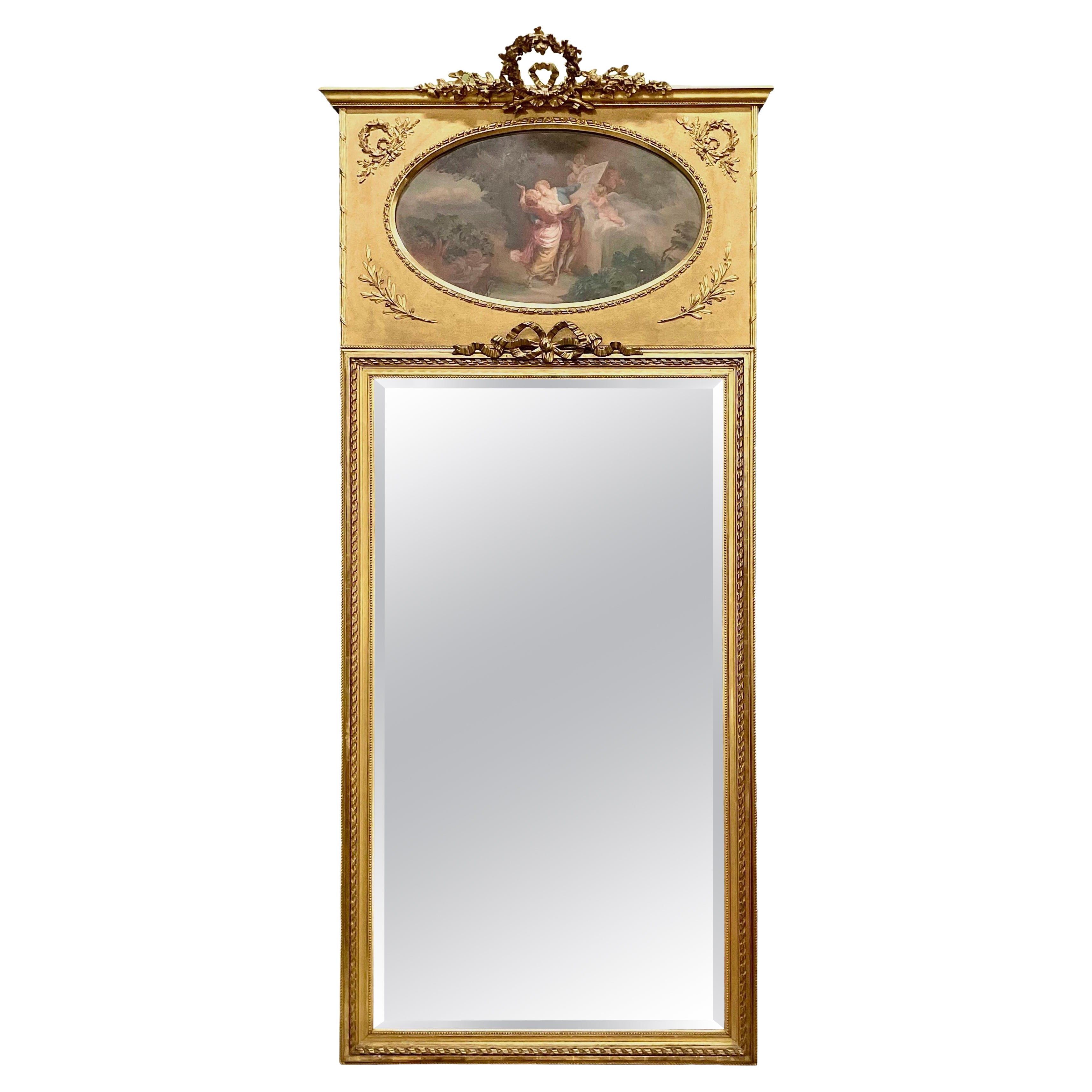 19th Century French Grand Louis XVI Style Gilt Trumeau Mirror For Sale