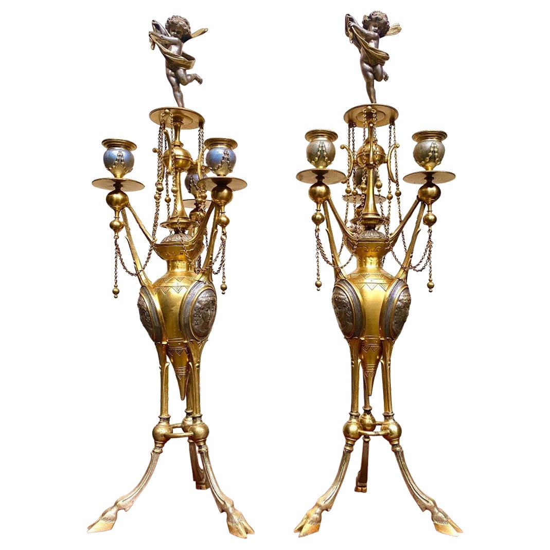 Henri Picard, Pair of Candelabra in Gilt and Silver Bronze, Napoleon III Period