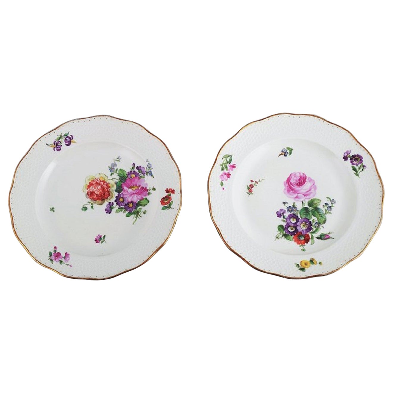 Royal Copenhagen Saxon Flower, Two Dinner Plates with Hand-Painted Flowers For Sale