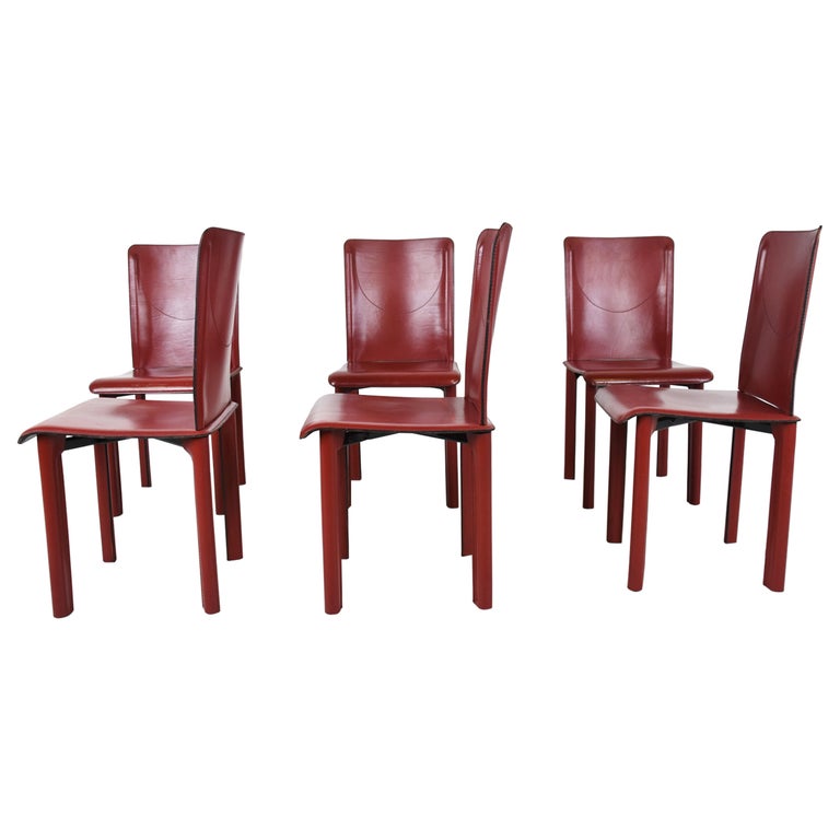 Red Leather Dining Chairs Made in Italy, 1980s, Set of 6 For Sale at