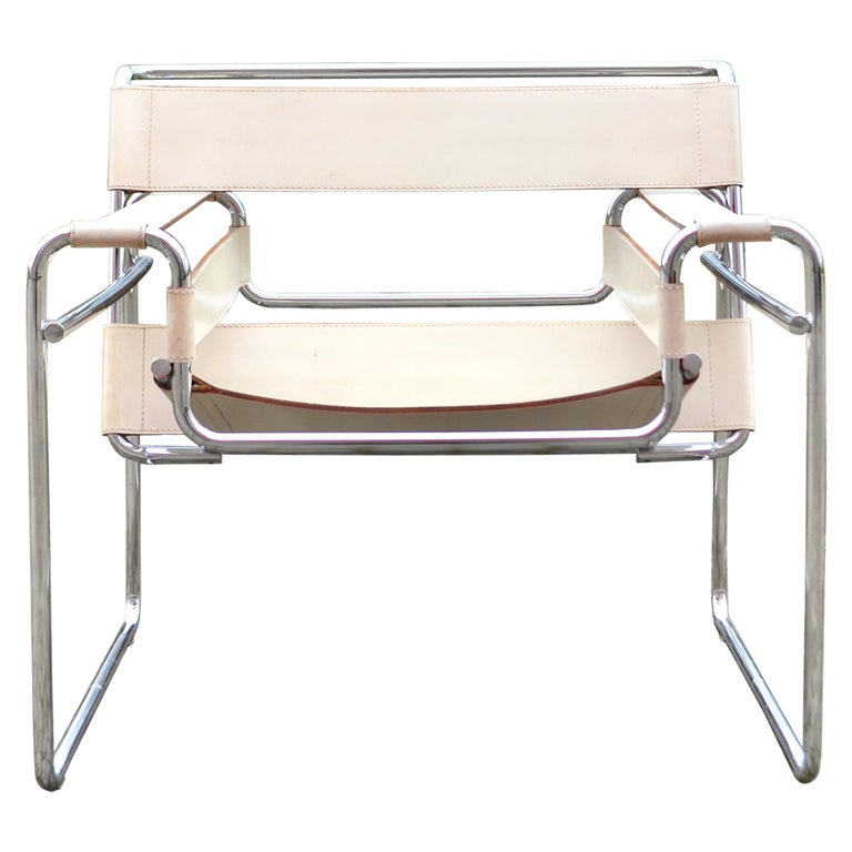Gavina Wassily Chair B3 Vintage Leather White by Marcel Breuer For Sale