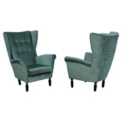 1950's Italian Wing-Back Lounge Chairs in Velvet Fabric