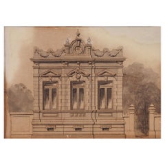 Antique Circa 1900 Architectural Rendering Watercolor Painting