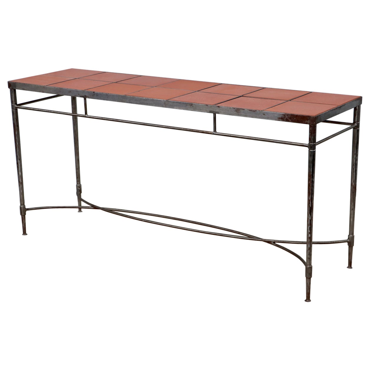 1970's Italian Iron Console Table with Impruneta Terracotta Tile Inserts For Sale