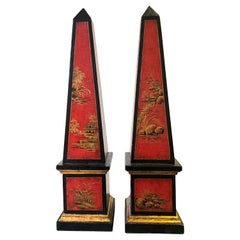 1980s Theodore Alexander Chinoiserie Red & Gilt Obelisks, Pair