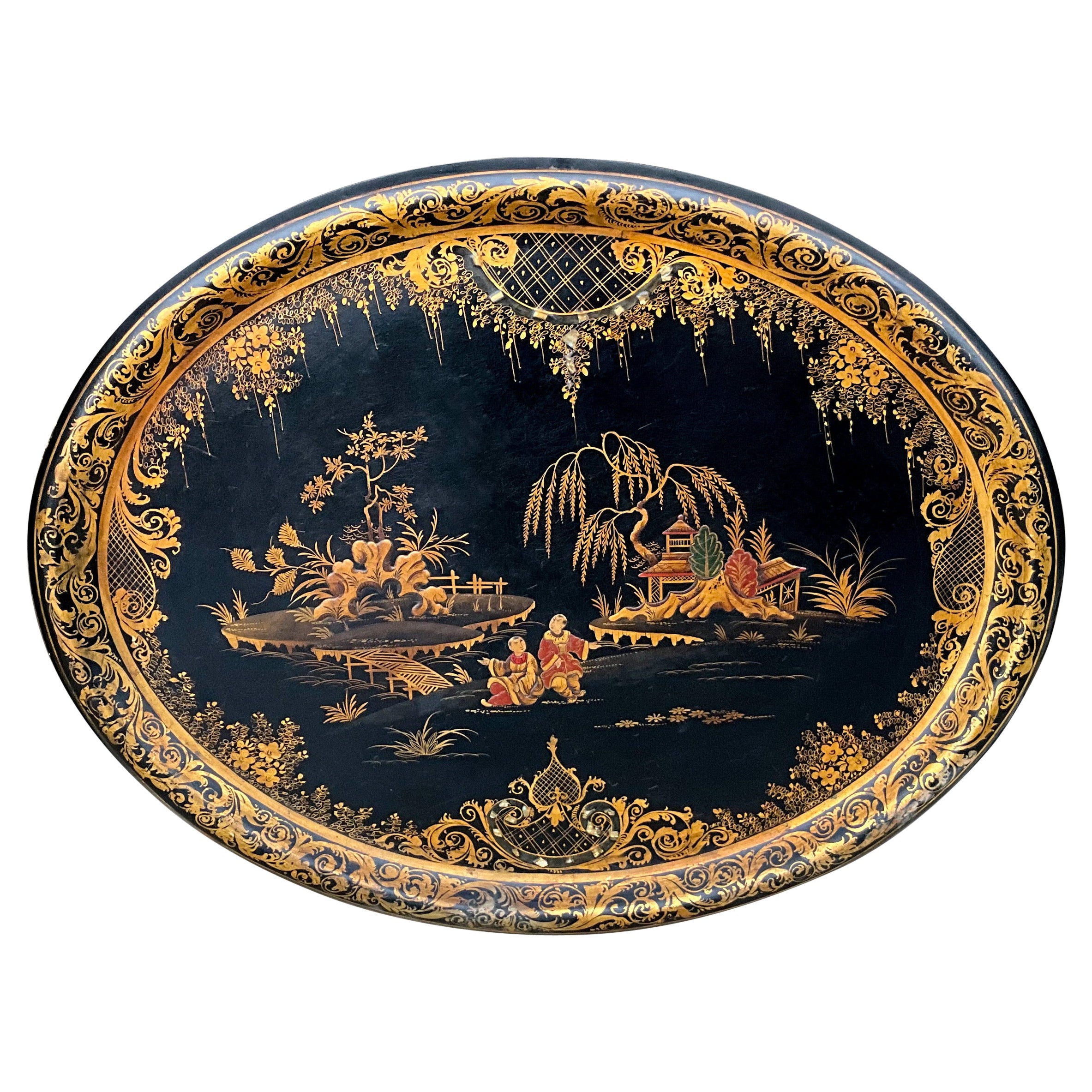 19th Century English Regency Papier-mâché Chinoiserie Japanned Tray For Sale