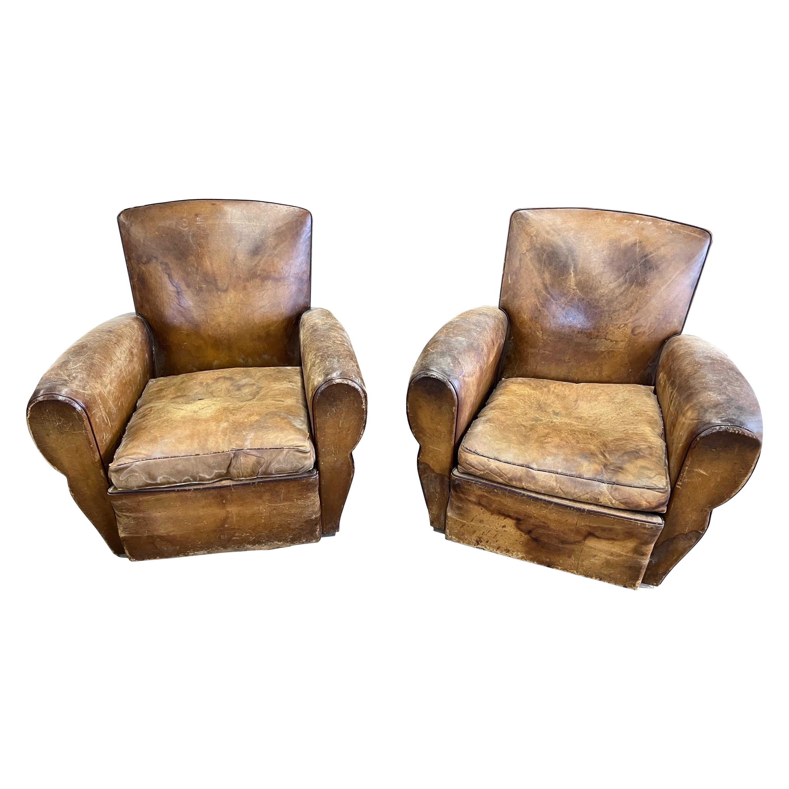 Pair of French Deco Period Leather Club Chairs with Great Patina
