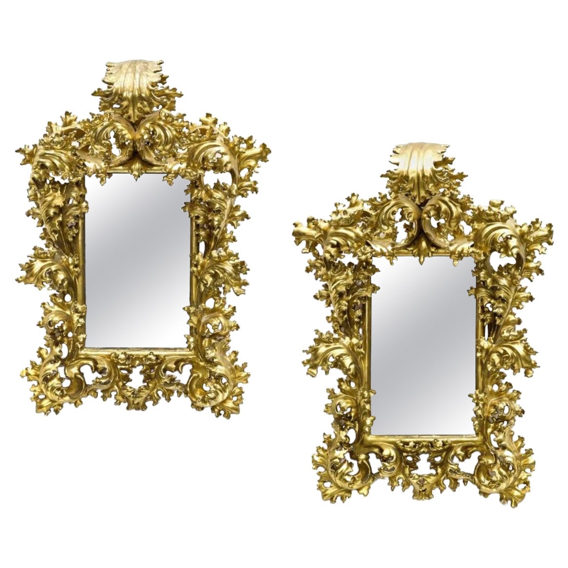 Pair of Rococo Hand Carved Gilt-Wood Mirrors, Italy, Late 18th Century For Sale