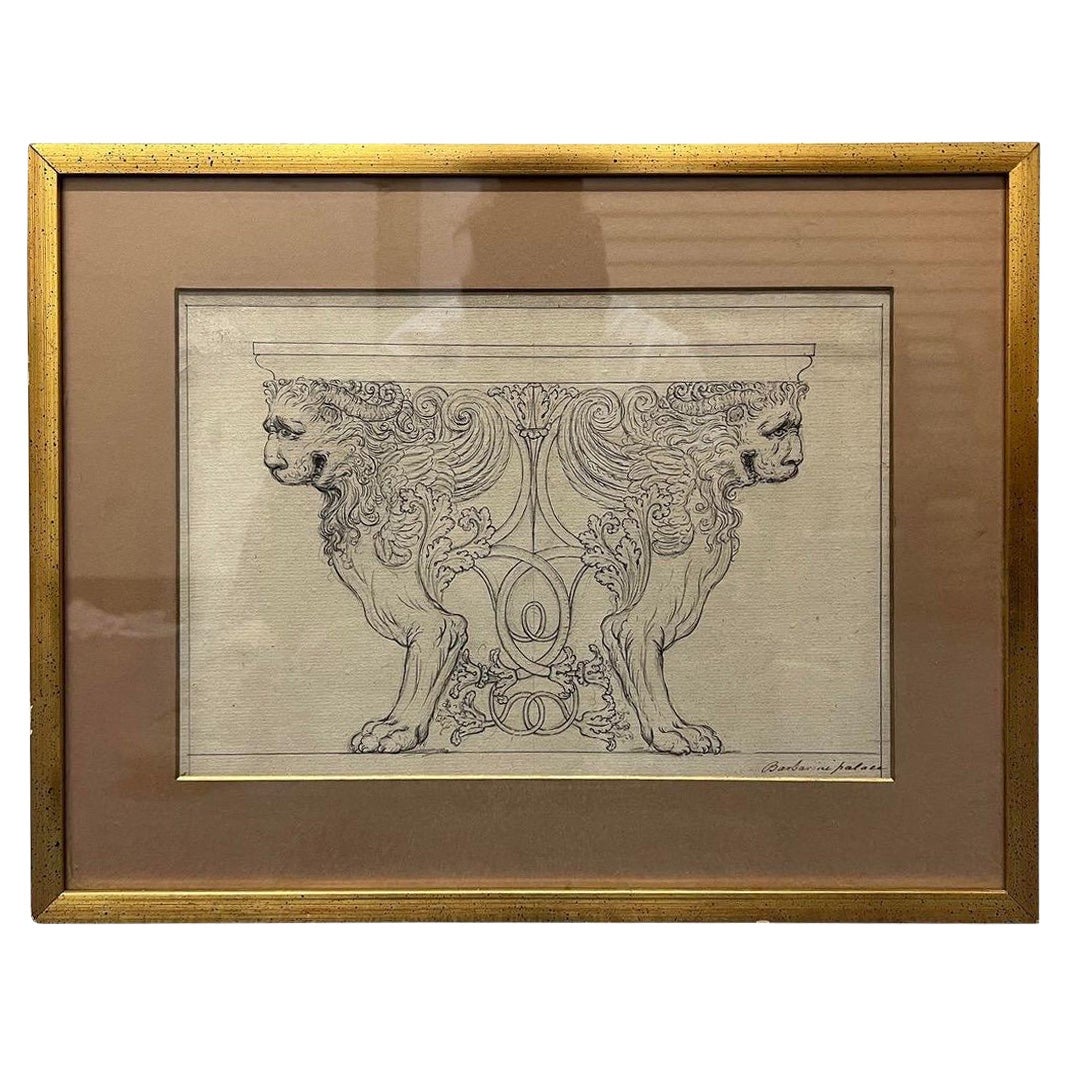 19th Century Italian Grand Tour Era Architectural Drawing on Paper, Framed For Sale