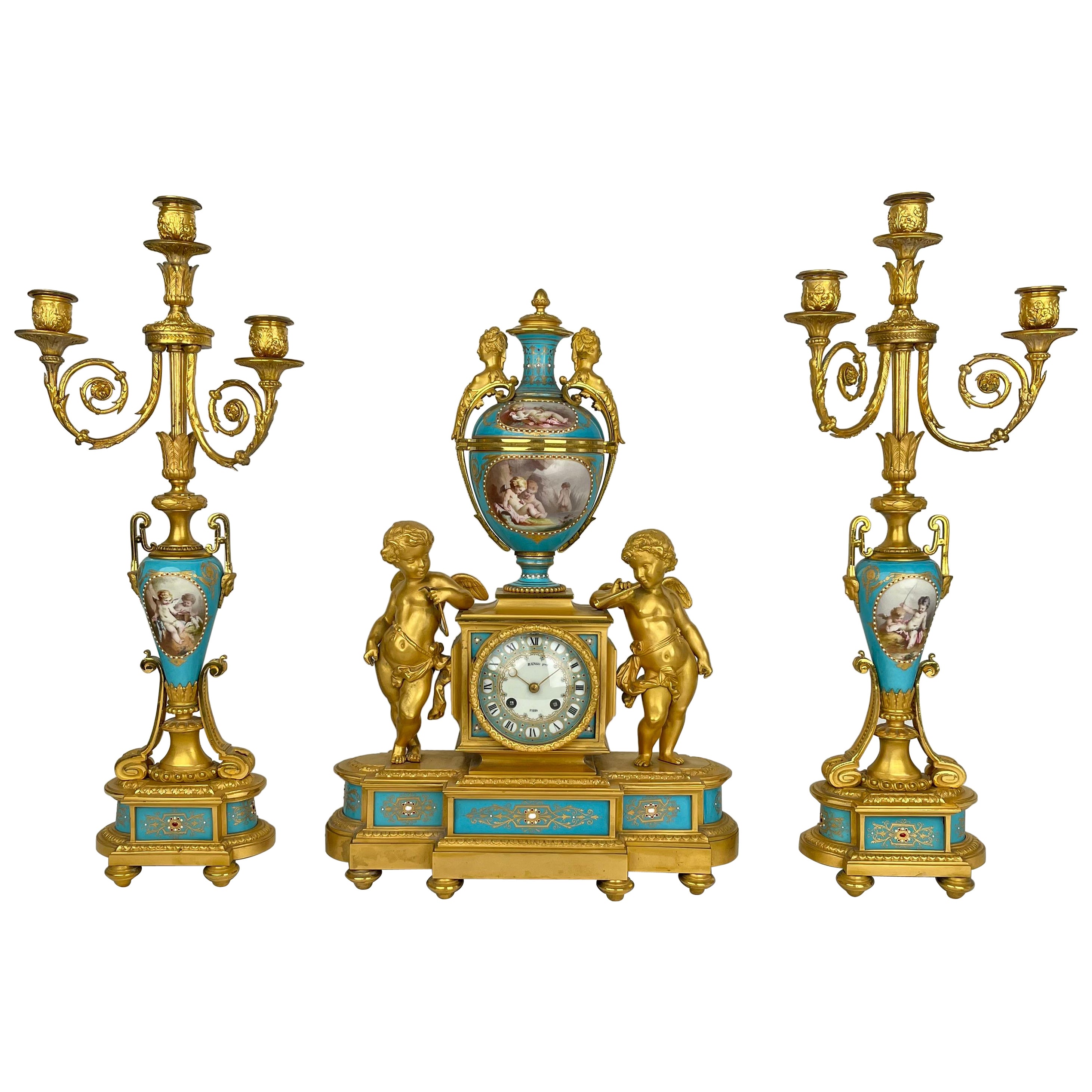 An Ormolu-Mounted Sevres Style Porcelain 'JEWELED' Turquoise-Ground Clock Set For Sale