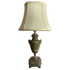 Antique French Gilt Bronze, Onyx & Champleve Enameled Cherub Handled Table Lamp