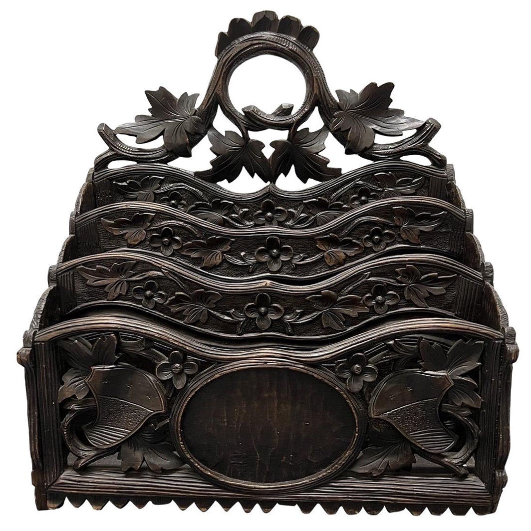 Antique German or Swiss Black Forest Hand Carved 3 Section Foliate Canterbury For Sale