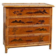 Aesthetic-Style Faux Bamboo 4 Drawer Chest with Chinoiserie Decoration