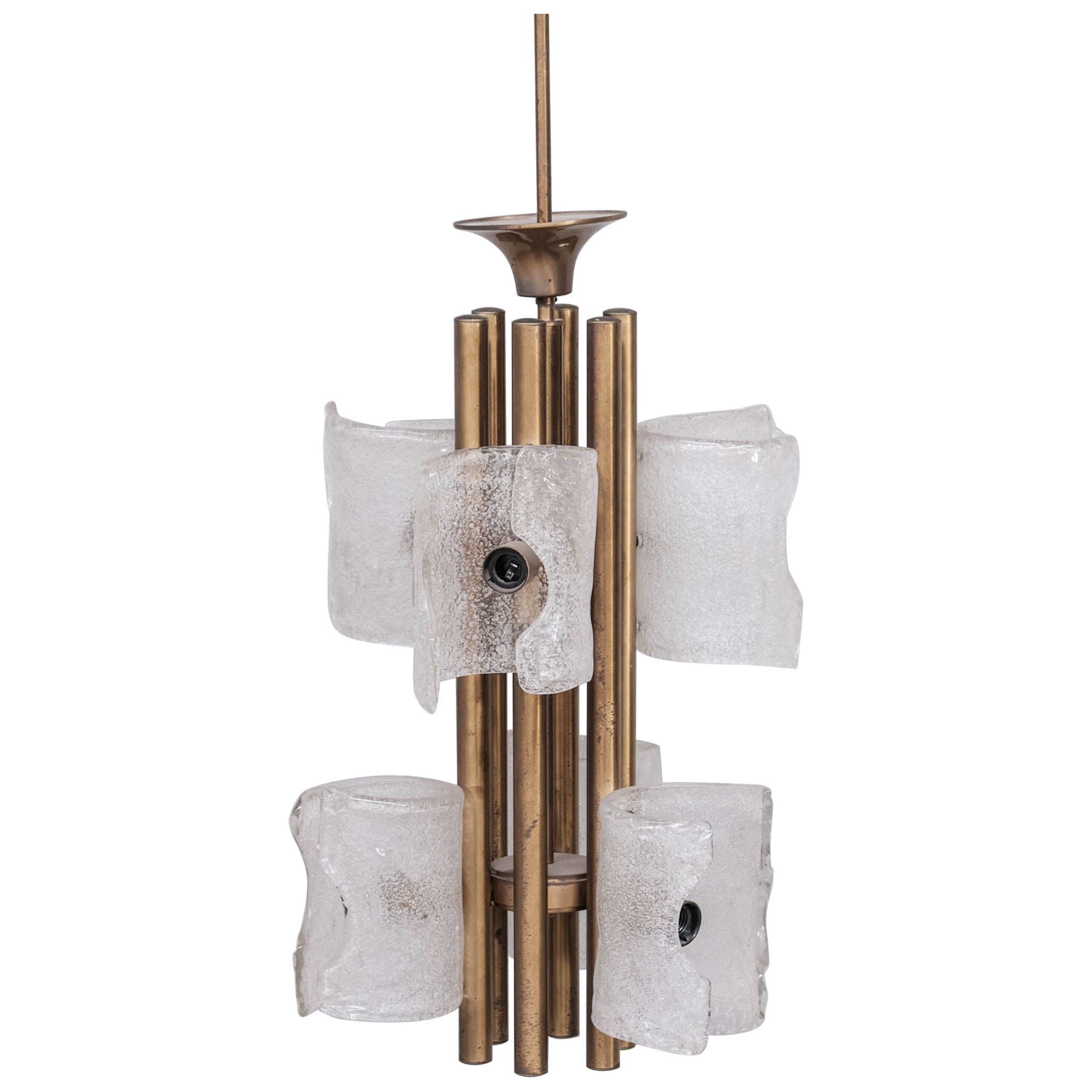 Brass and Bubble Glass Mid-Century Chandelier '2 Available' For Sale