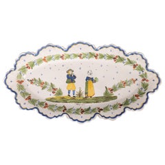 Antique French Faience Quimper Oval Scalloped Wall Platter circa 1900