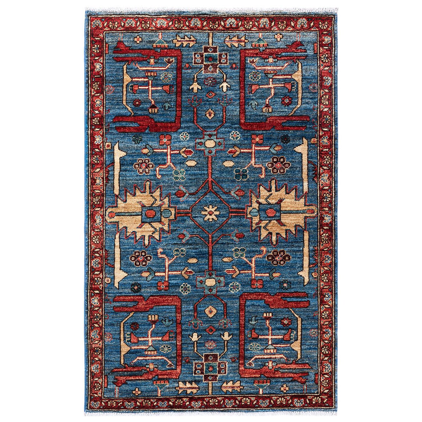 One of a Kind Hand Knotted Traditional Tribal Serapi Light Blue Area