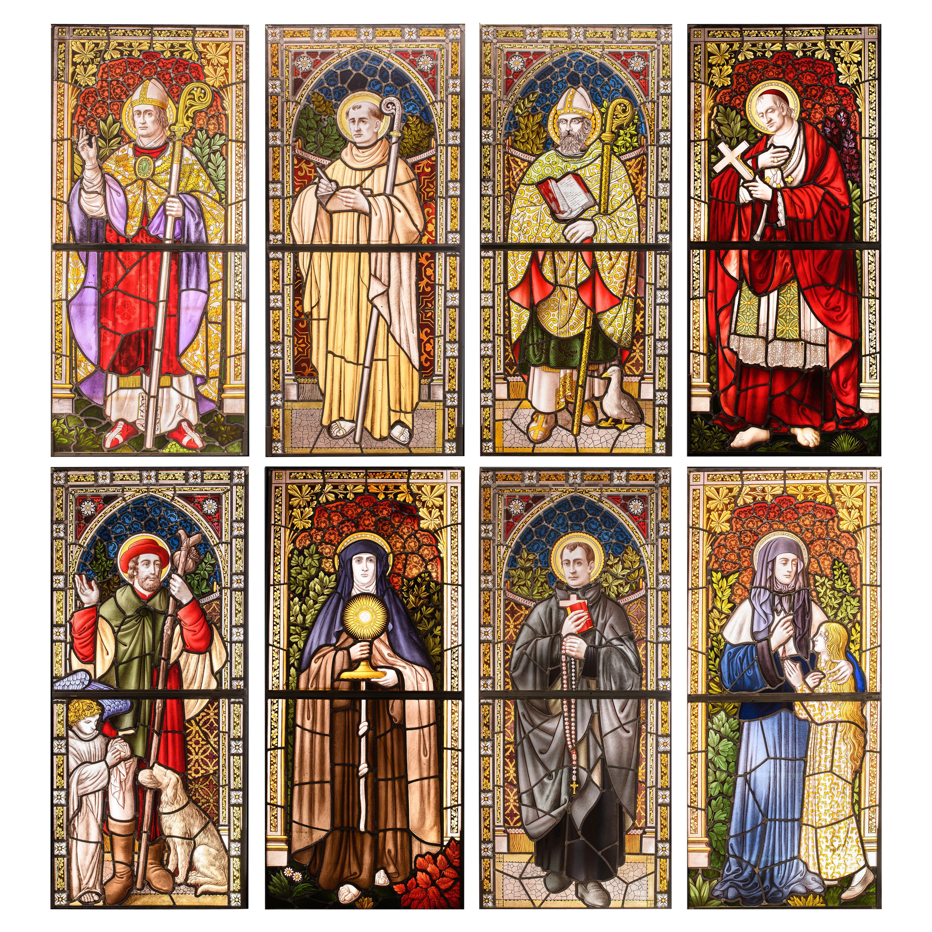 Selection of eight restored 19th C Neo-Gothic Stained-Glass Windows For Sale