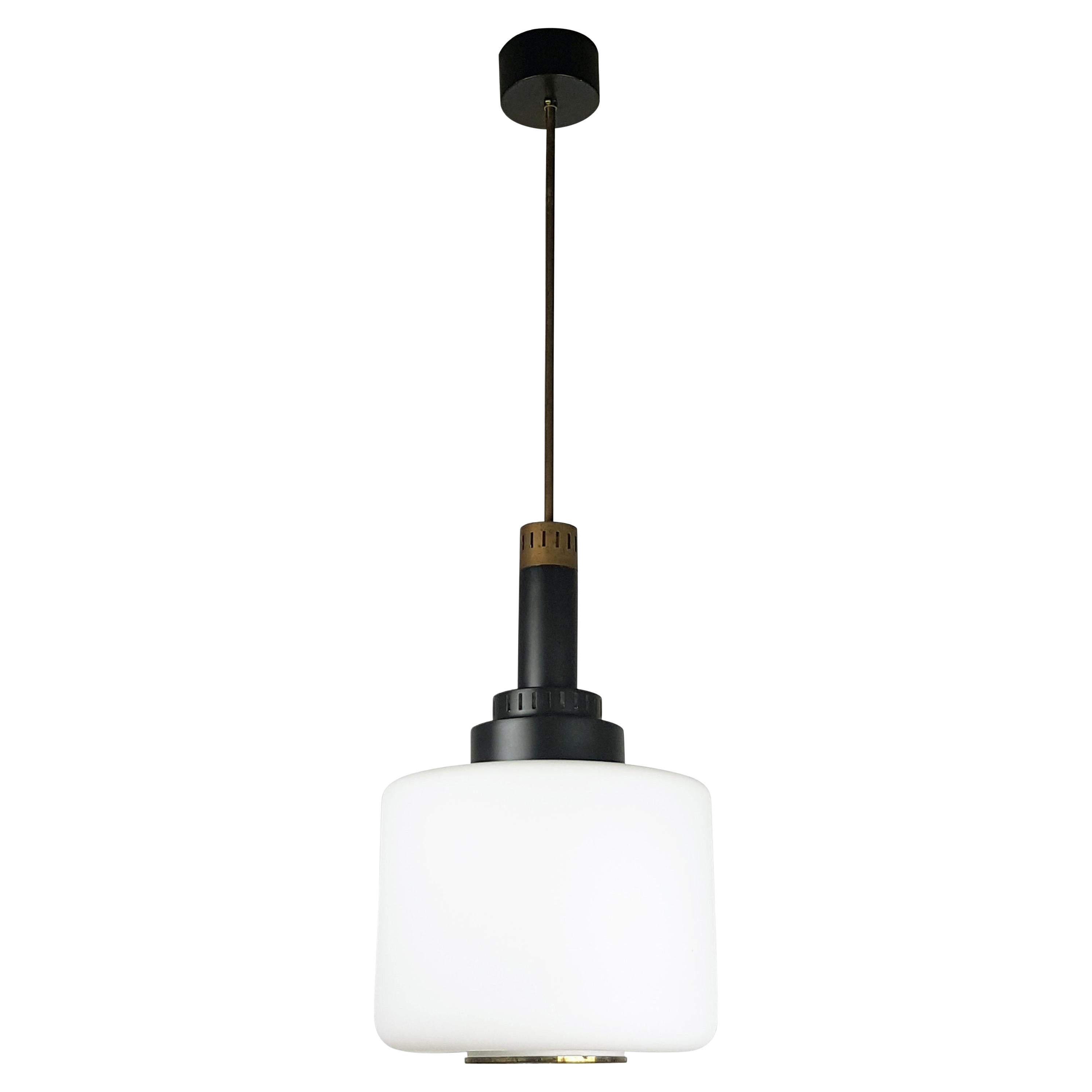 Stilnovo style Black Metal Brass Opaline Glass Mid-Century Modern Pendant Lamp