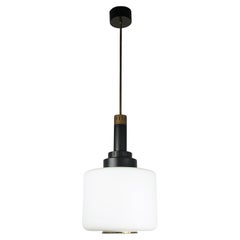 Moderne Pendelleuchte im Stilnovo-Stil aus schwarzem Metall, Messing und Opalglas, Mid-Century Modern