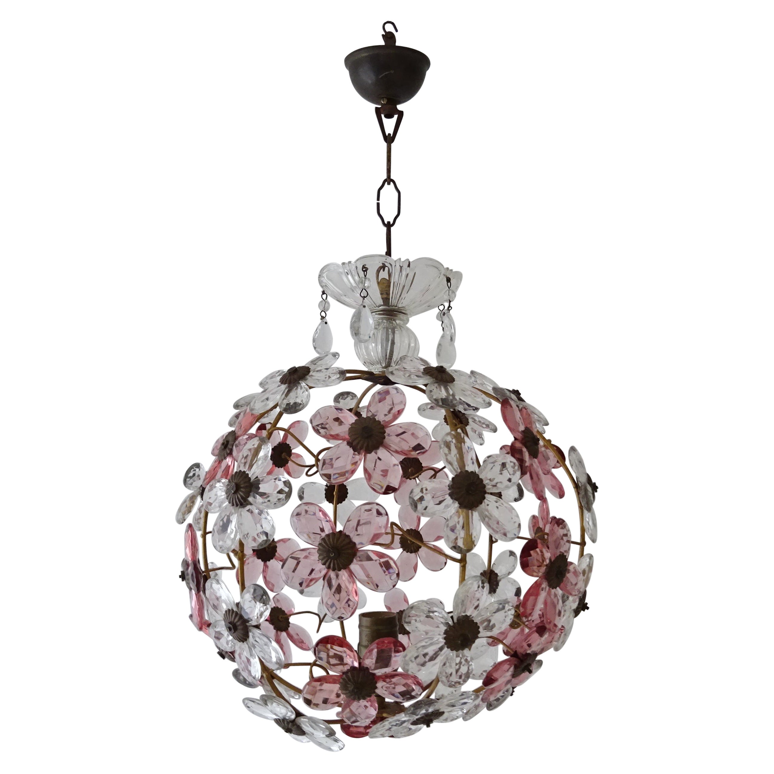 Big French Pink Flower Ball Crystal Prisms Maison Baguès Style Chandelier, 1920s