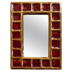 Miroir en céramique Vallauris par François Lembo, or et rouge, années 1960