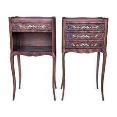 20th Century Pair of Marquetry Darkness Walnut Nightstands Tables with Drawers