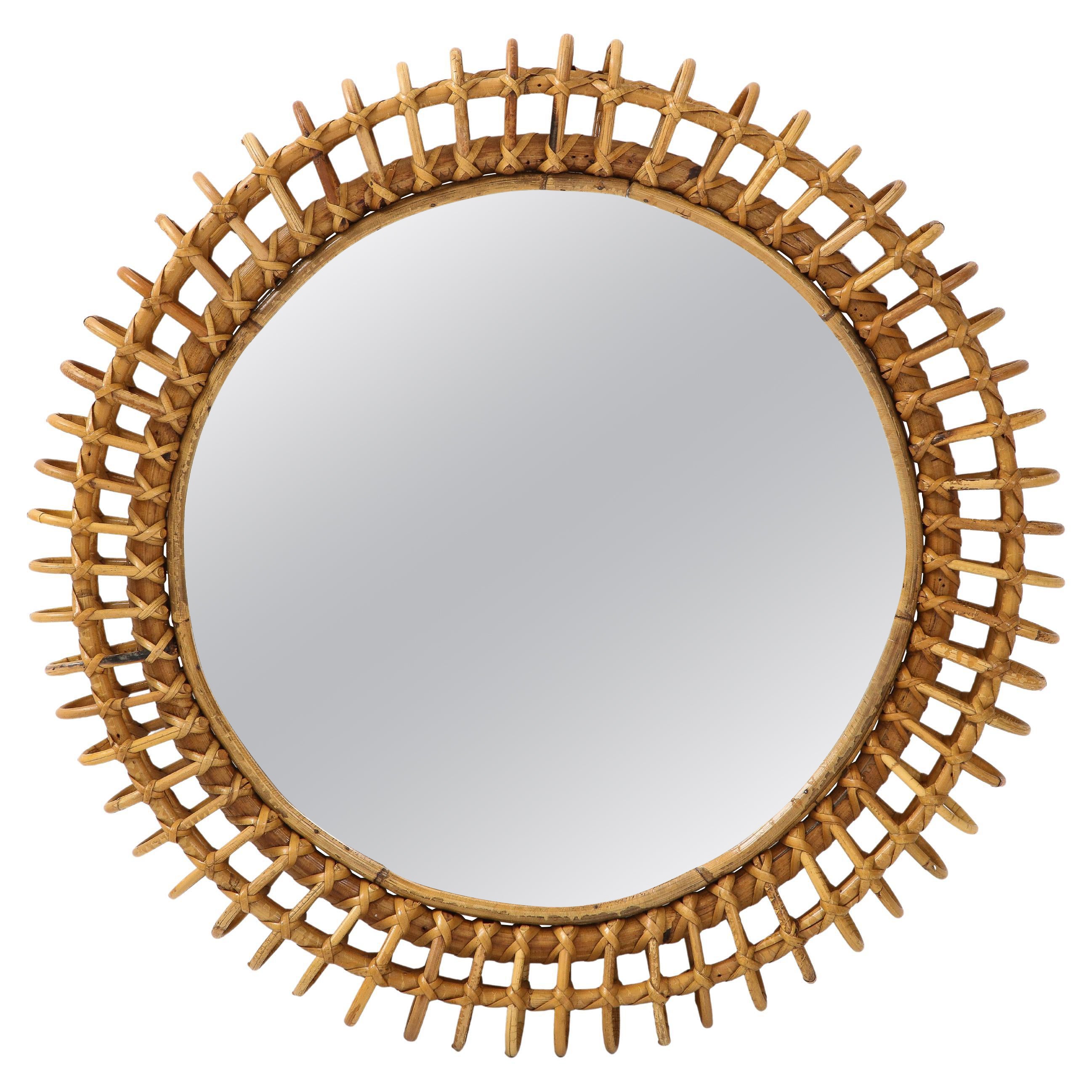 1950s Italian Bonacina Round Bamboo and Rattan Wall Mirror For Sale