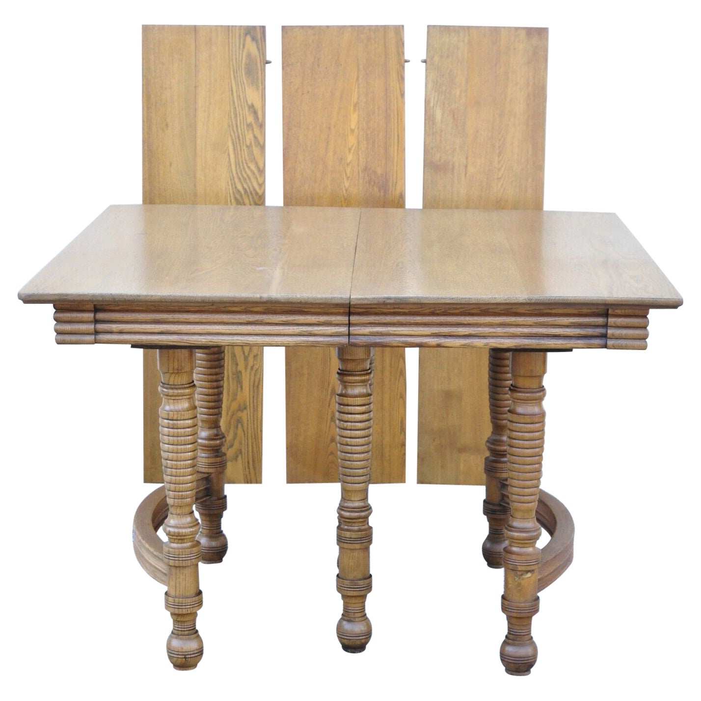 Antique American Victorian Oak Wood Square Extension Dining Table with 3 Leaves For Sale