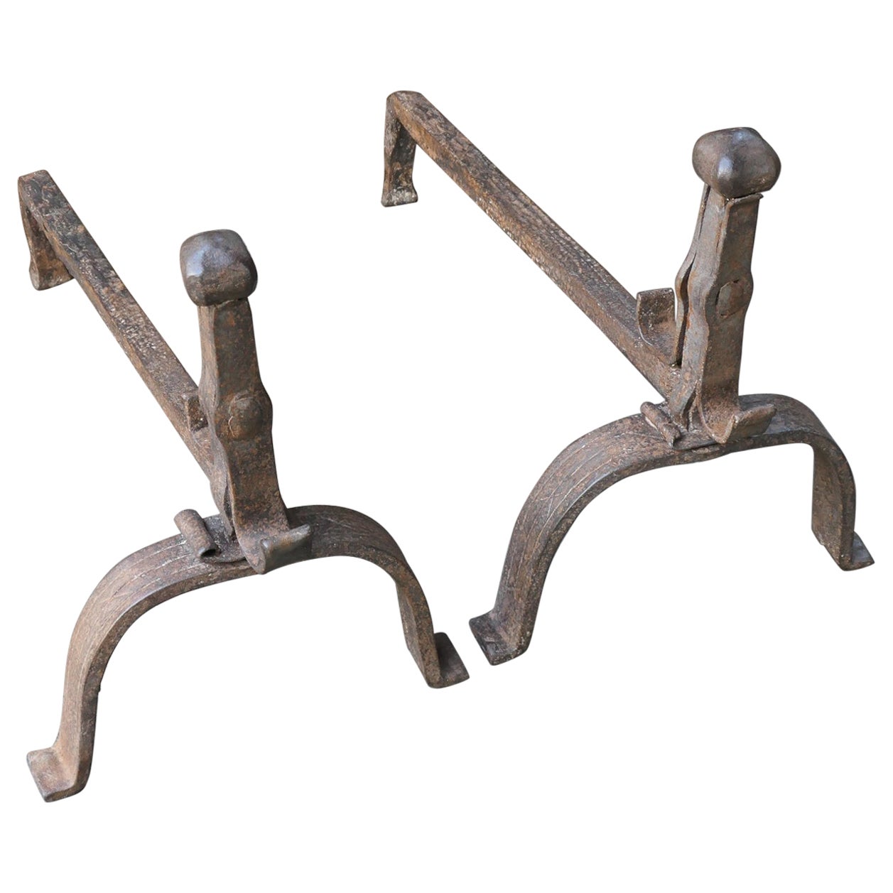 18th C. French Louis XV Wrought Iron Andirons For Sale