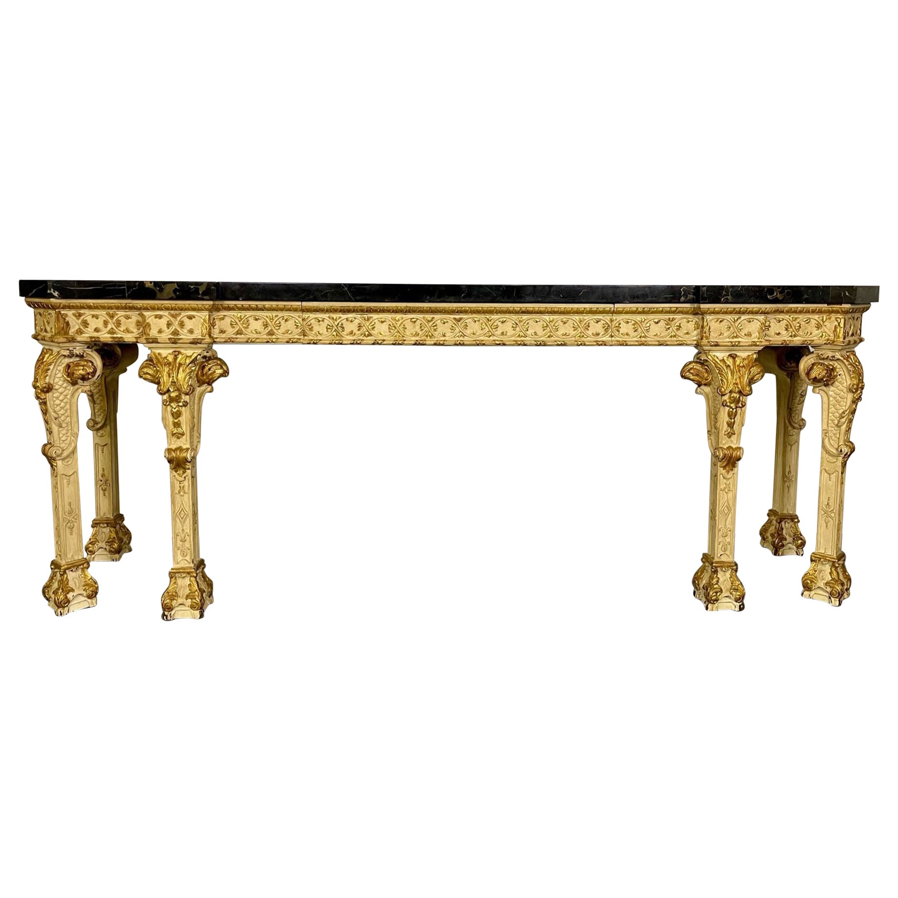 Maison Jansen, stile Luigi XV, grande consolle, legno intagliato beige, marmo, 1900