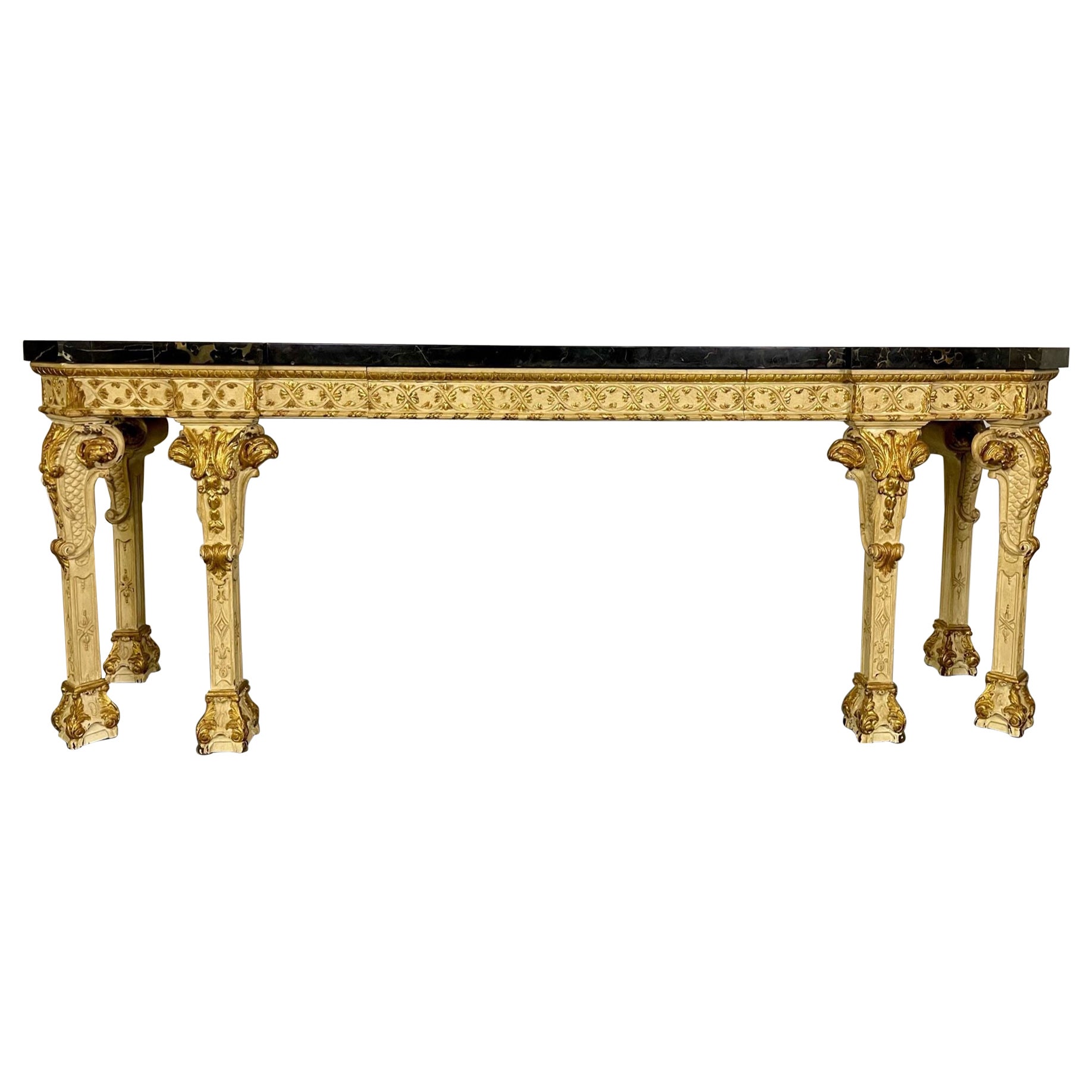 Maison Jansen, Louis XV Style, Large Console, Beige Carved Wood, Marble, 1900s For Sale