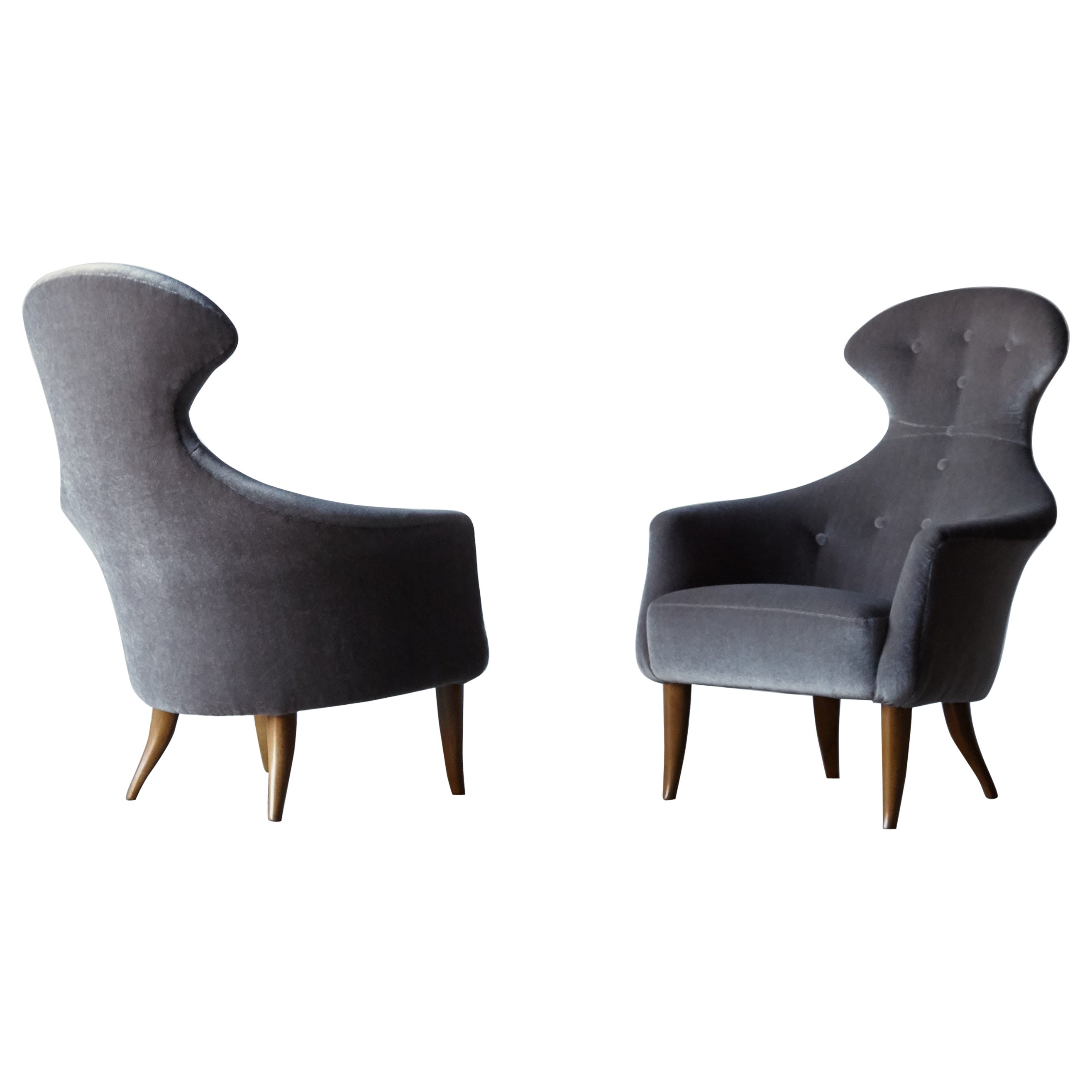 Pair of Kerstin Horlin Holmquist Stora Eva Chairs, new Mohair, 1950s, Sweden For Sale