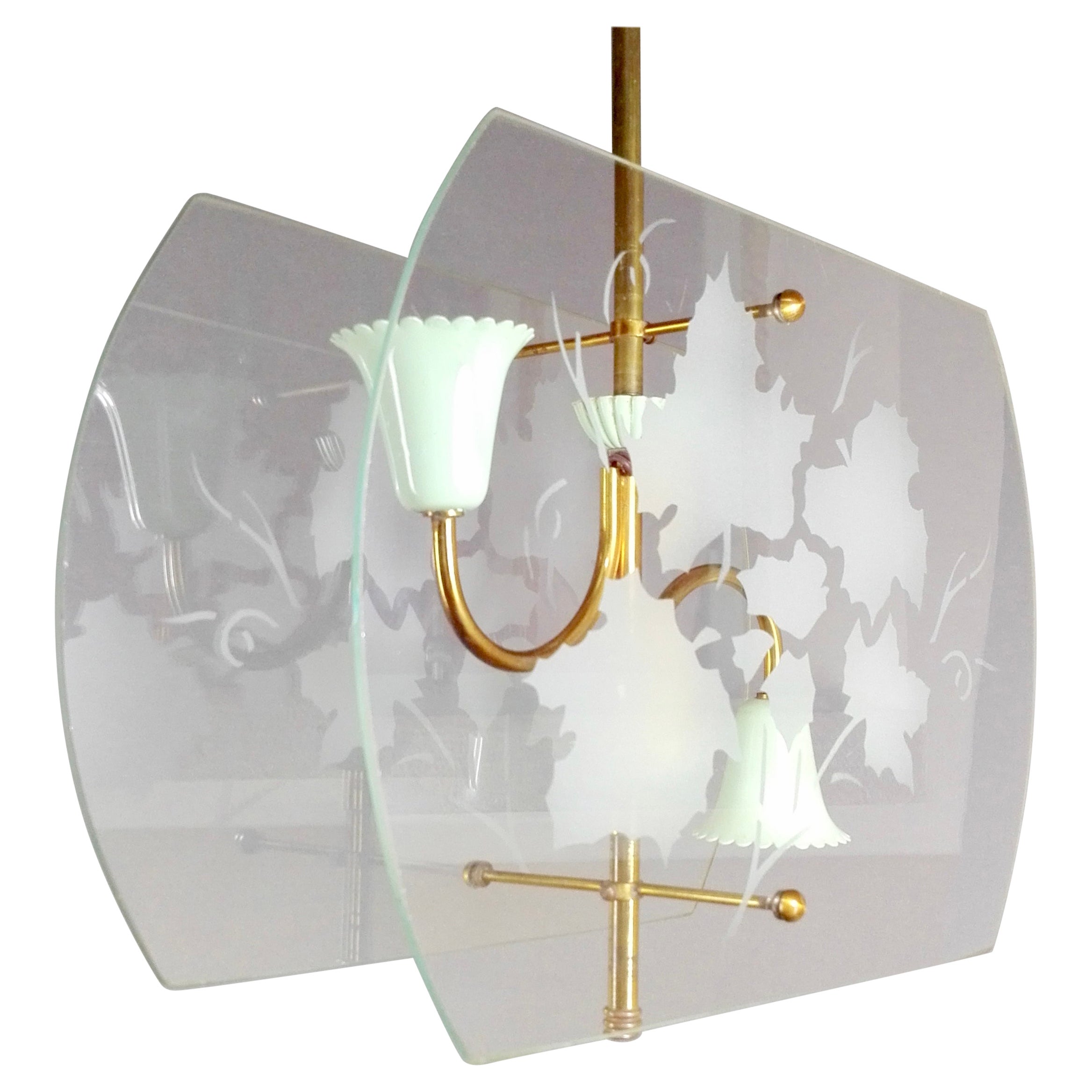 Pietro Chiesa Style 1940s Glass and Brass Two-Light Lantern For Sale