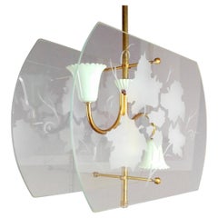 Pietro Chiesa Style 1940s Glass and Brass Two-Light Lantern