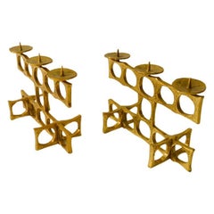Pair of Brutalist Bronze Candelabras by Heinz Goll