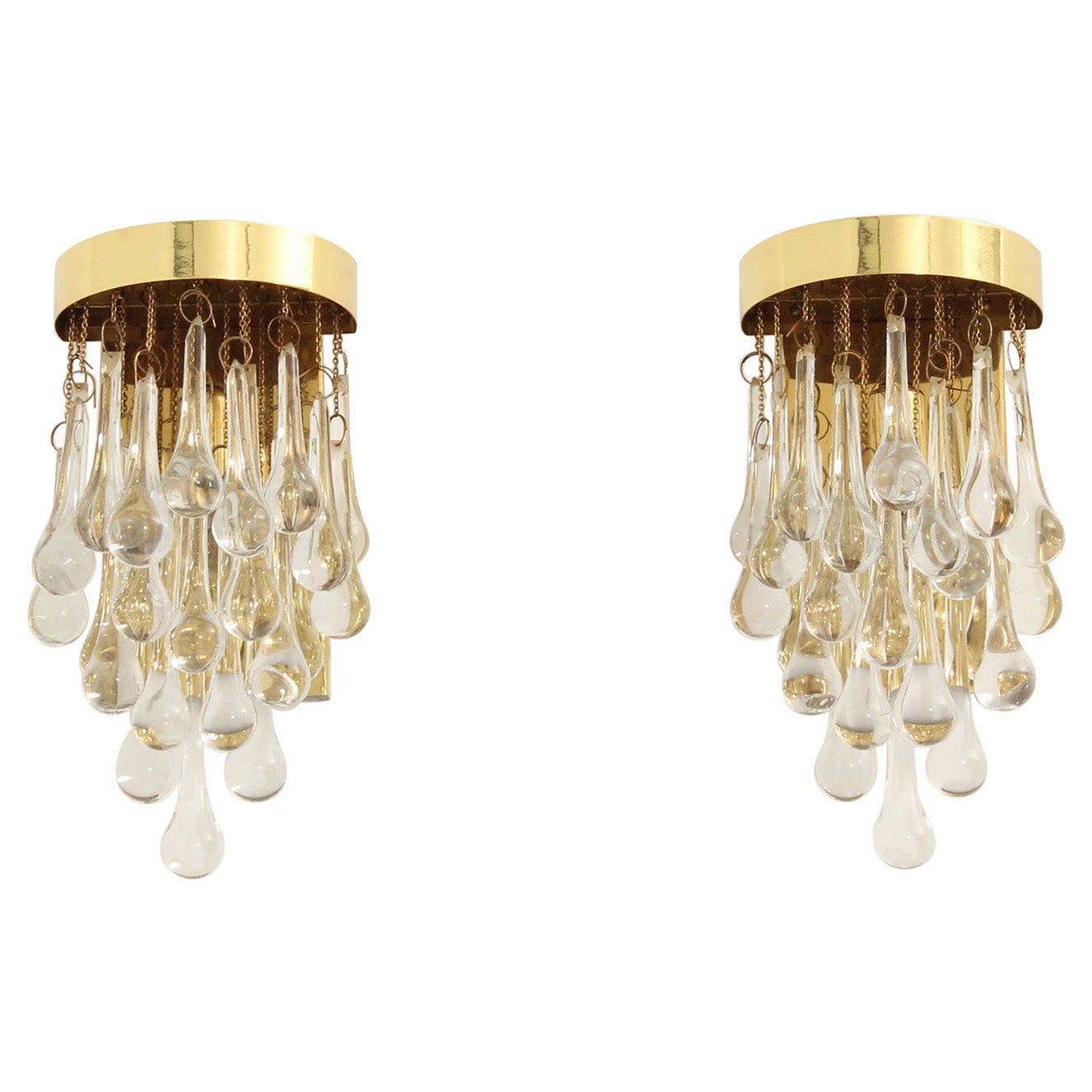 Pair of Brass and Glass Teardrop Sconces by Lumica, Spain, 1970's For Sale