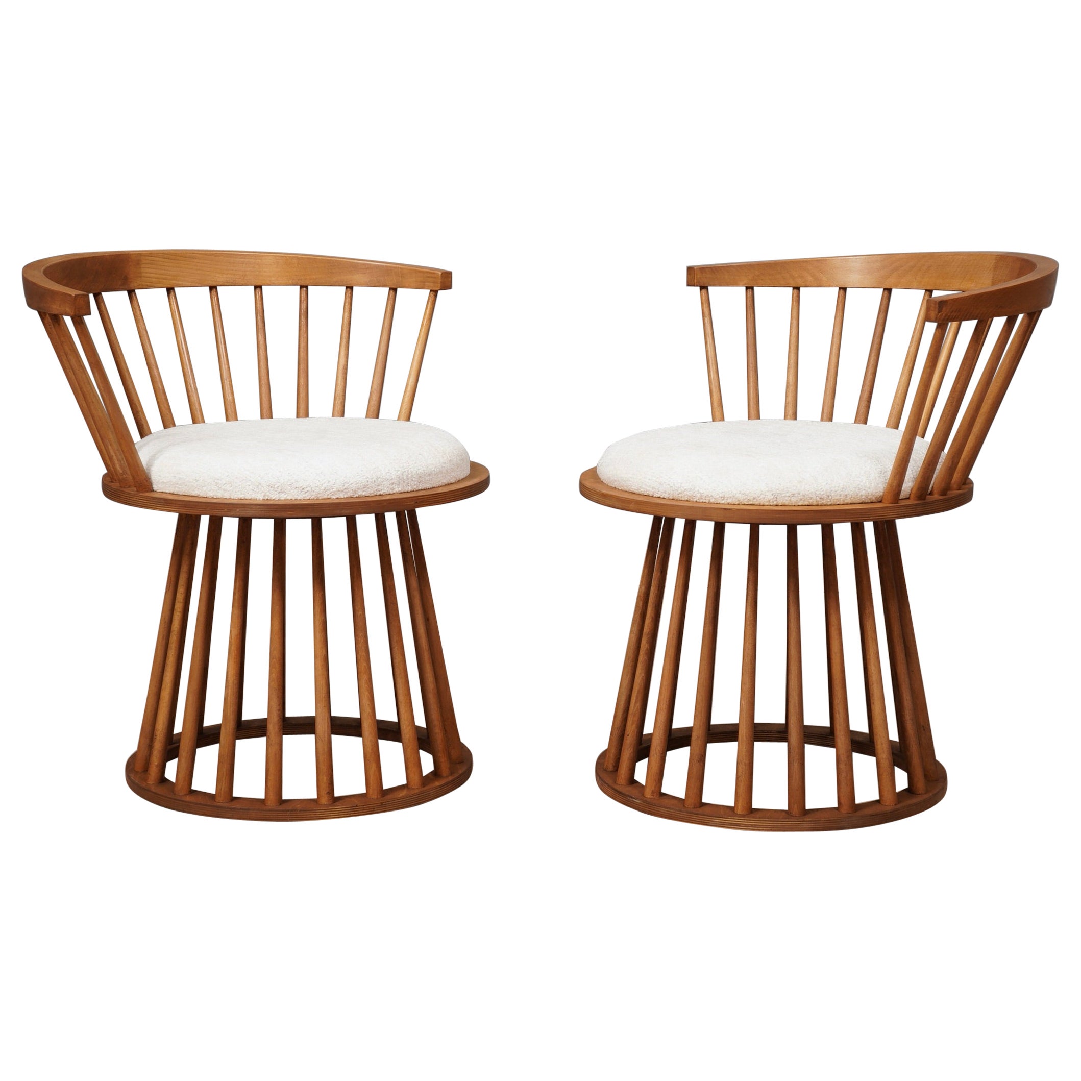 MidCentury Round Beech Wood and White Fabric Chairs, 1990 For Sale